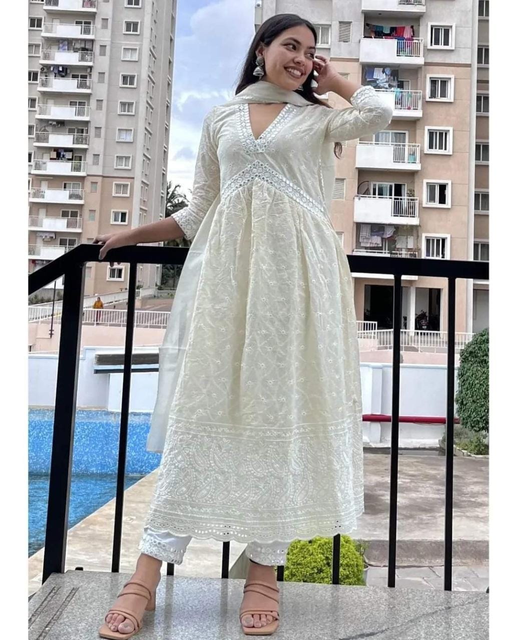 Premium White Cotton 3Pic Kurti Set