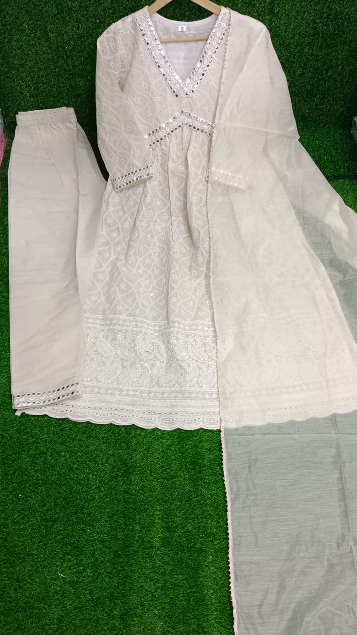 Premium White Cotton 3Pic Kurti Set - Image 3