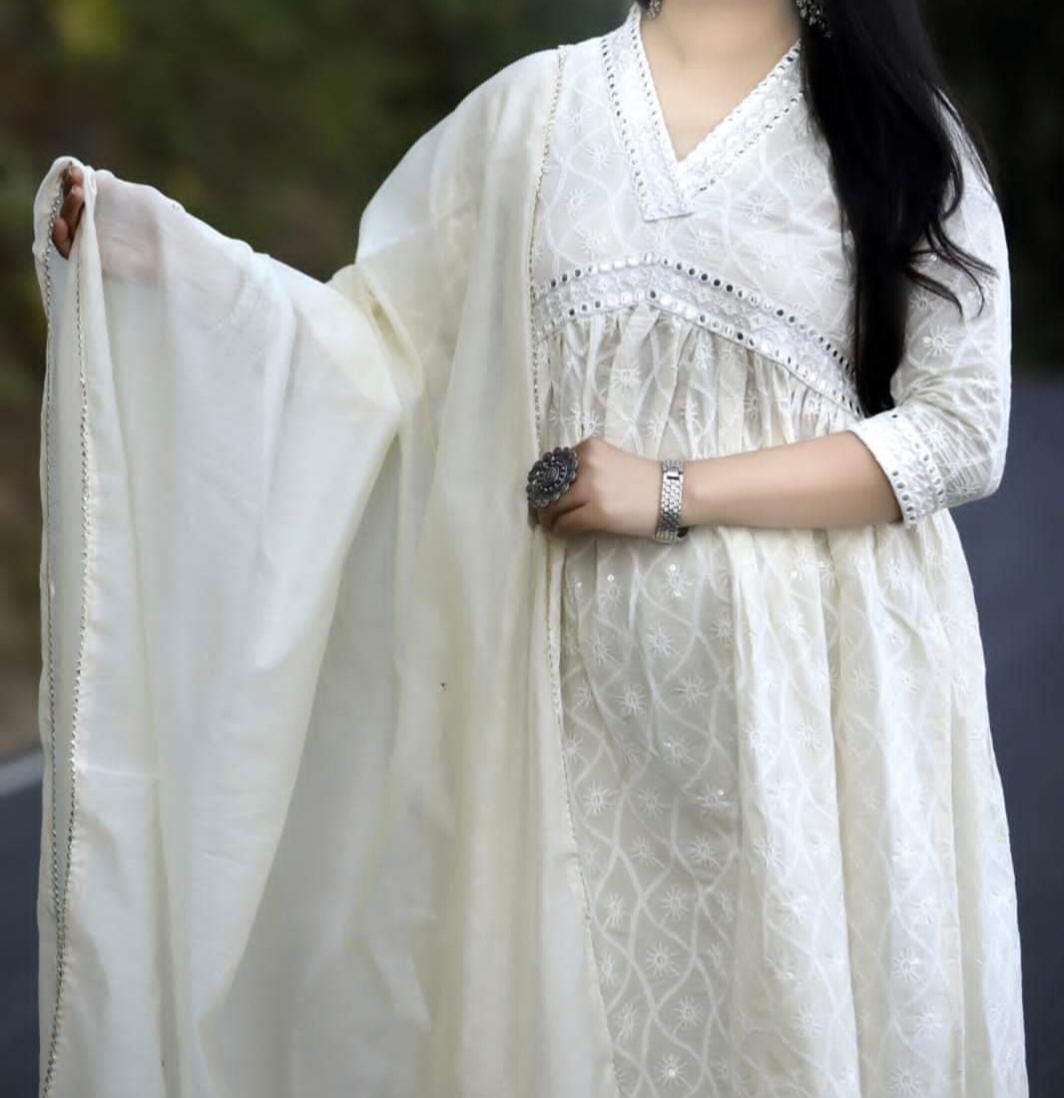 Premium White Cotton 3Pic Kurti Set - Image 2